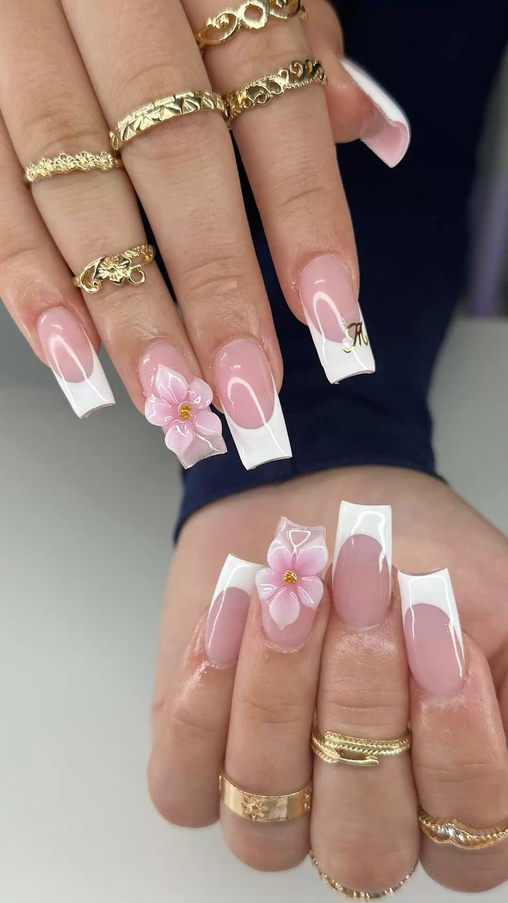 French tip acrylic with 3D pink flowers