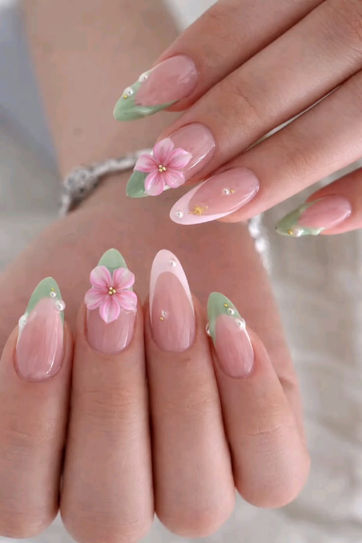 Green tips with pink 3D flowers and pearls