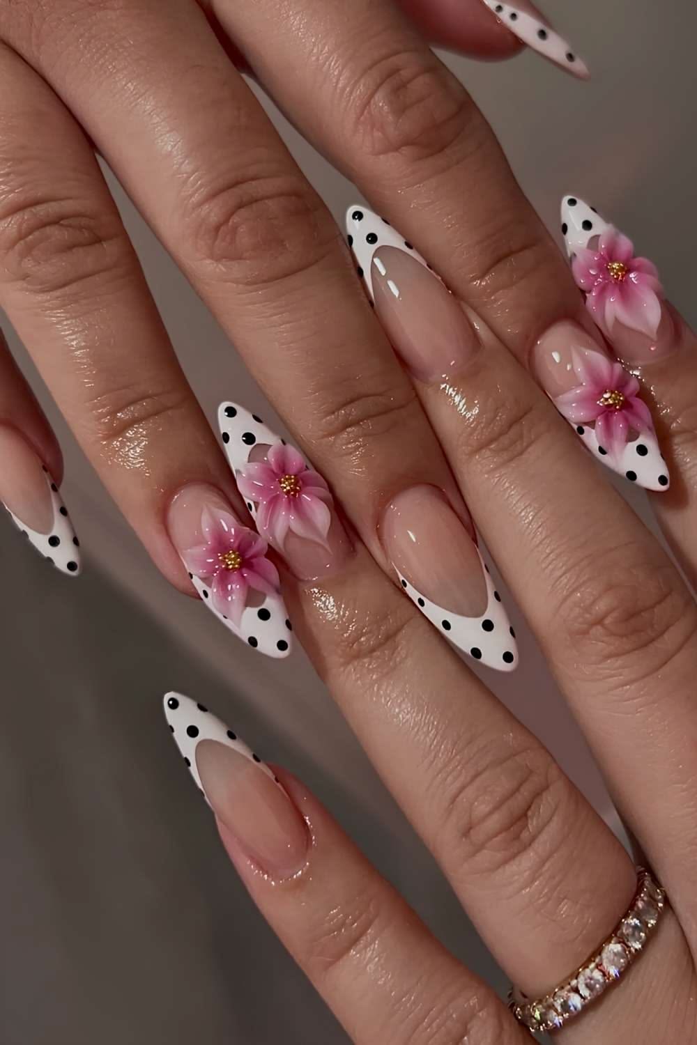 Polka dot French tips with 3D pink flowers