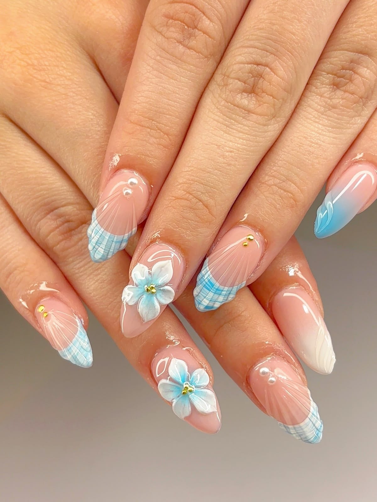 Blue plaid tips with 3D blue flowers