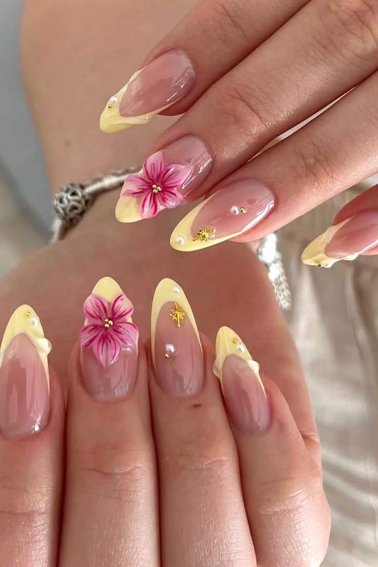 Yellow tips with fuchsia flowers and pearls