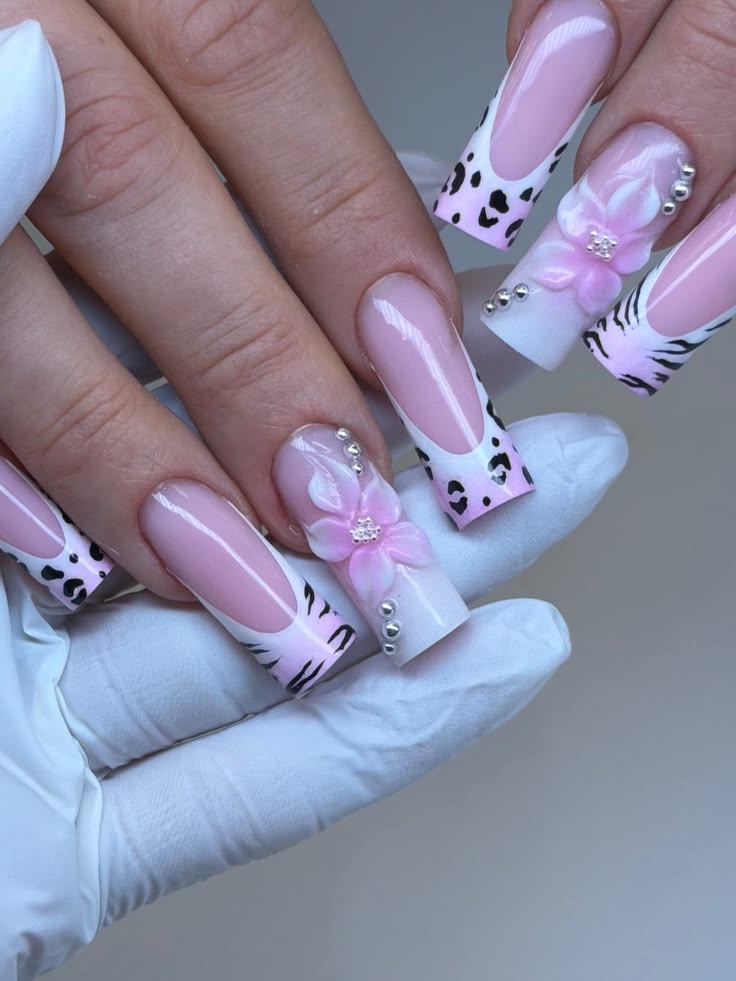Pink leopard and zebra print acrylic with 3D flowers